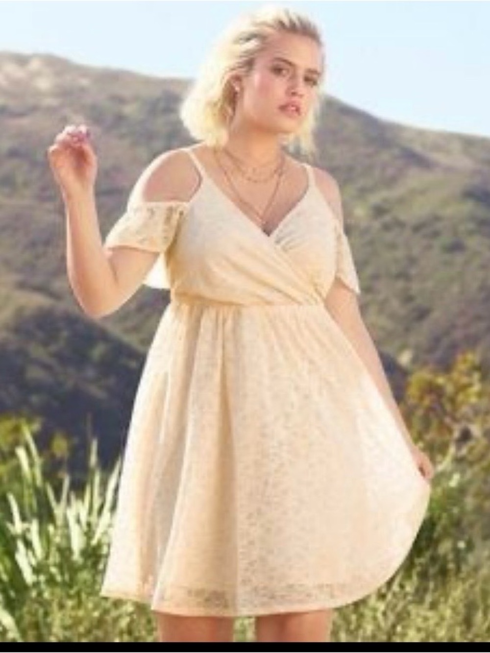 Torrid Cold-Shoulder Lace Mini Dress in Cream feminine, Romantic, babydoll 3X